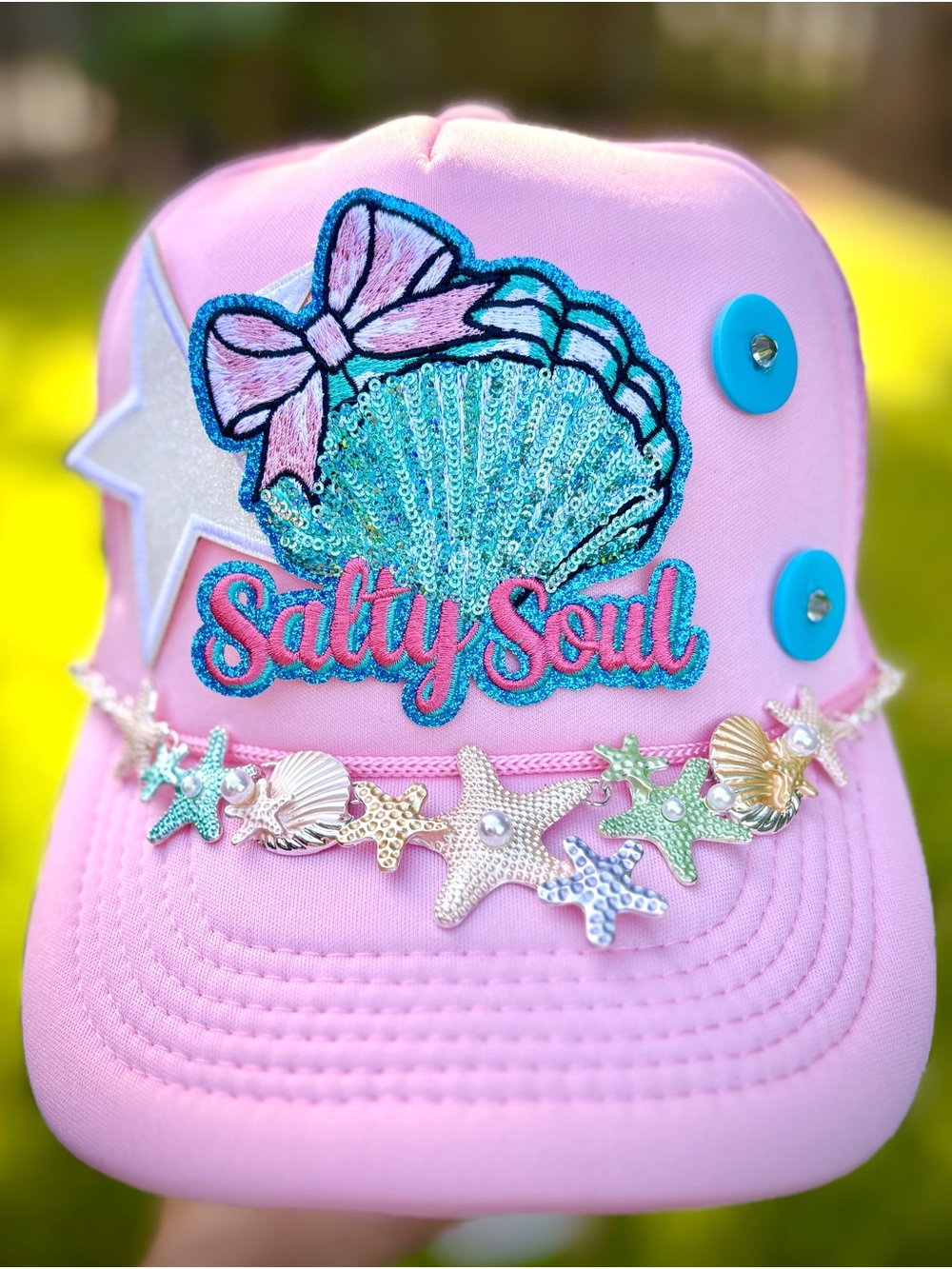 Salty Soul Pink Sequin Shell Hat - Women's Beach Trucker